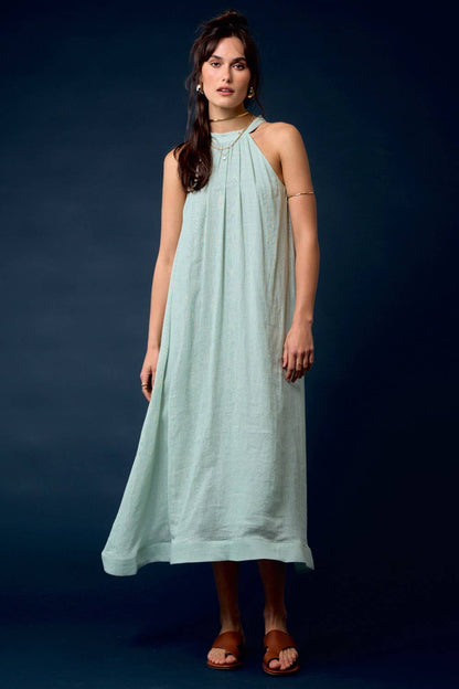  LINEN WAIST TIE HALTER NECK MAXI DRESS