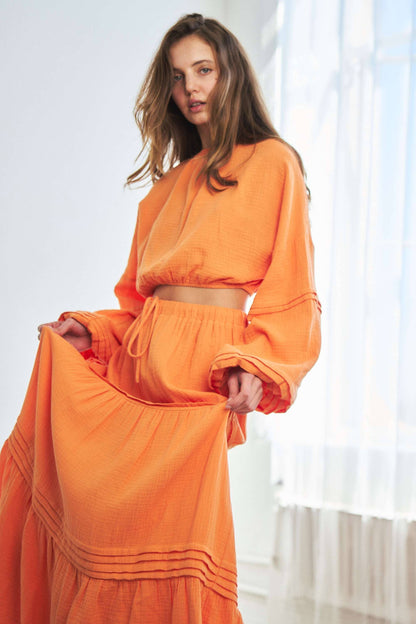 Orange Maxi Skirt  & Long Sleeve  Top & Skirt Set