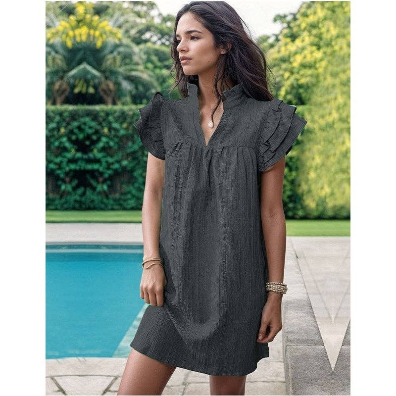 Fresh Ruffle Sleeve V-Neck Pullover Dress