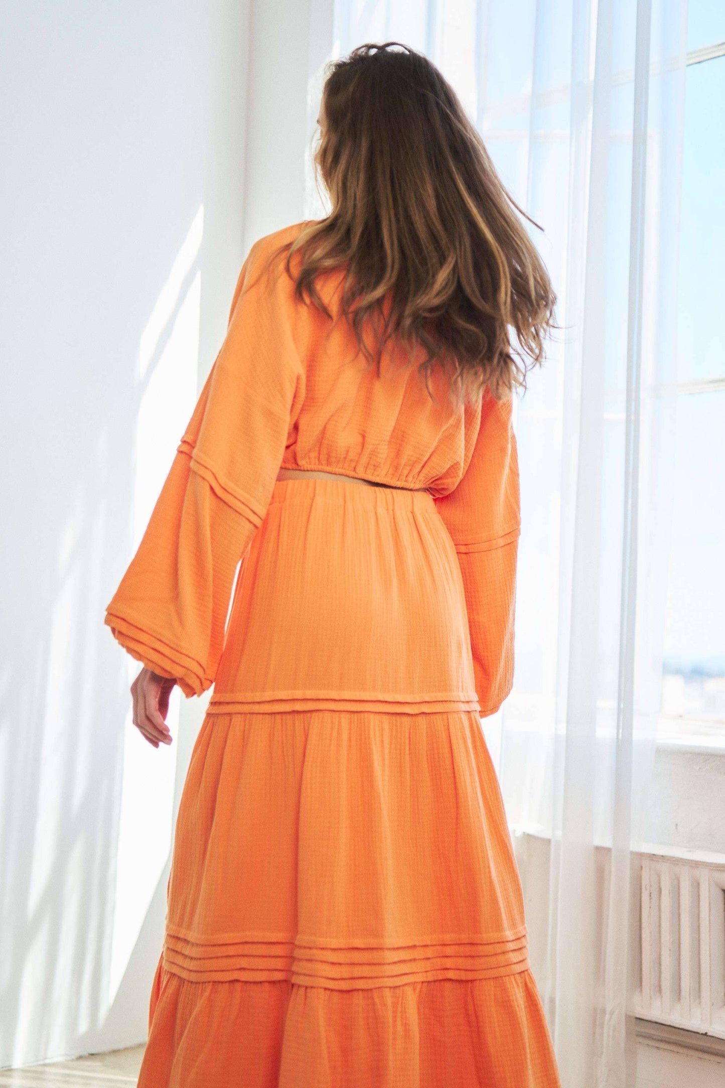 Orange Maxi Skirt  & Long Sleeve  Top & Skirt Set