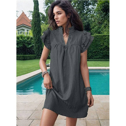 Fresh Ruffle Sleeve V-Neck Pullover Dress