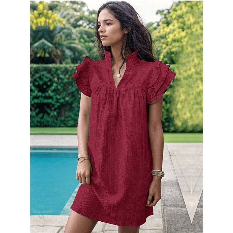 Fresh Ruffle Sleeve V-Neck Pullover Dress