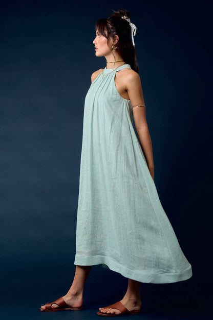  LINEN WAIST TIE HALTER NECK MAXI DRESS