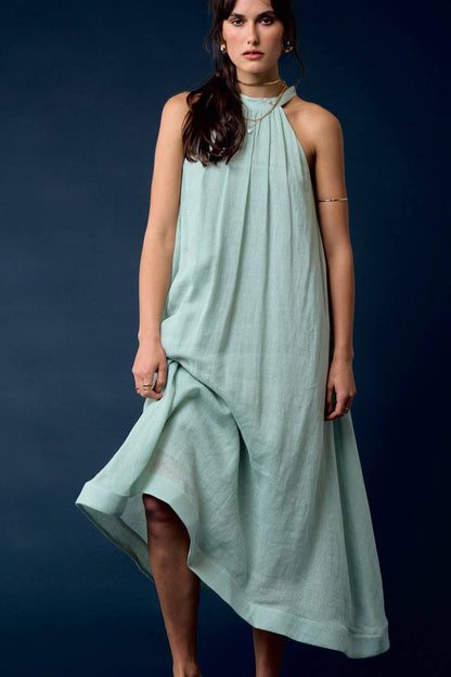  LINEN WAIST TIE HALTER NECK MAXI DRESS