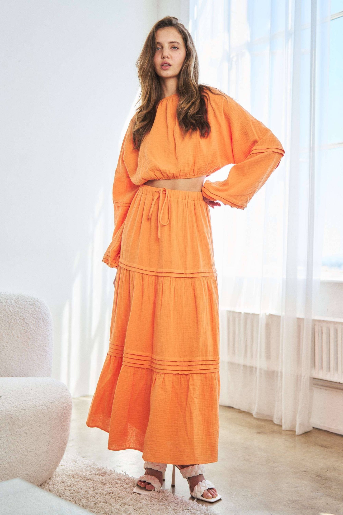 Orange Maxi Skirt  & Long Sleeve  Top & Skirt Set