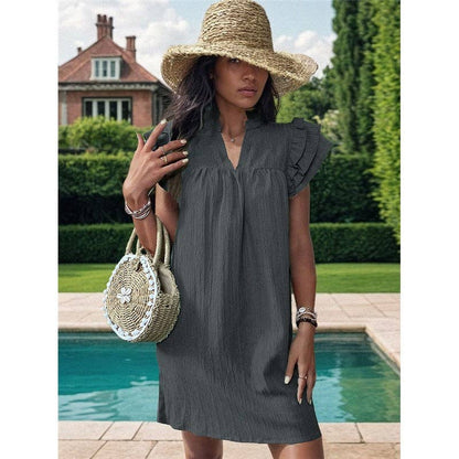 Fresh Ruffle Sleeve V-Neck Pullover Dress