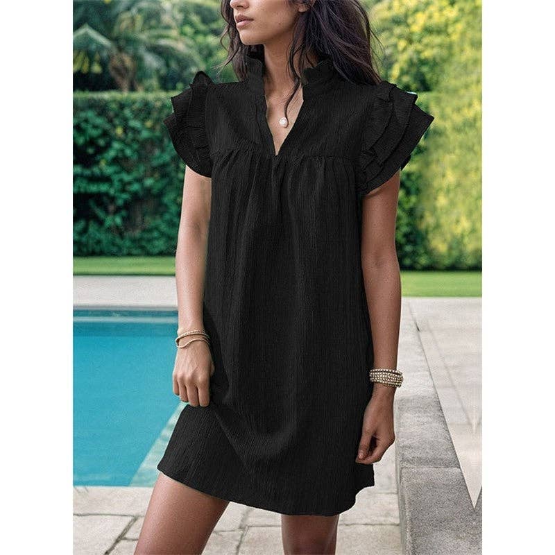 Fresh Ruffle Sleeve V-Neck Pullover Dress