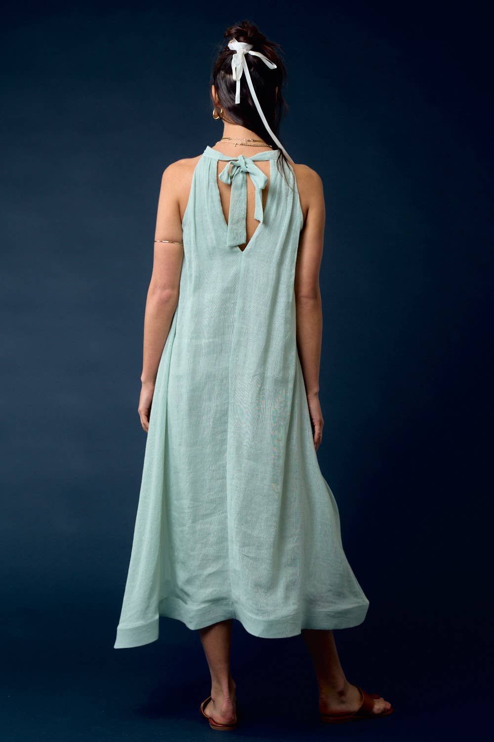  LINEN WAIST TIE HALTER NECK MAXI DRESS