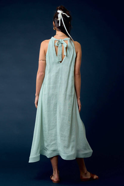  LINEN WAIST TIE HALTER NECK MAXI DRESS