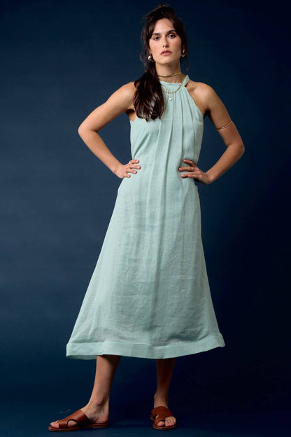  LINEN WAIST TIE HALTER NECK MAXI DRESS