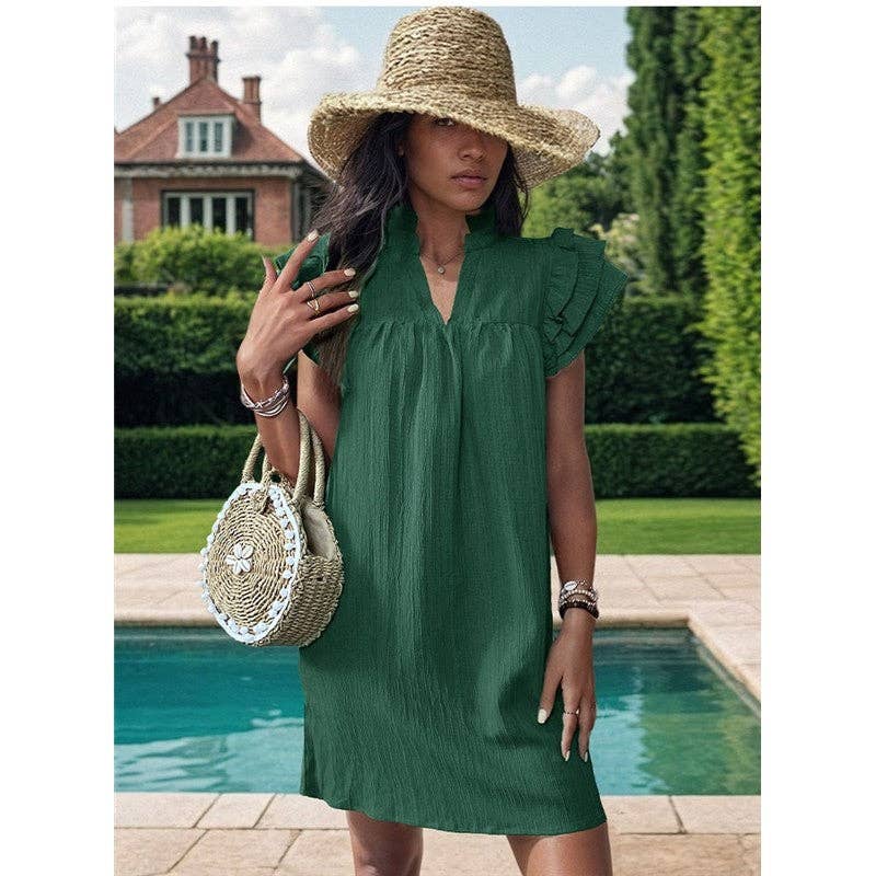 Fresh Ruffle Sleeve V-Neck Pullover Dress